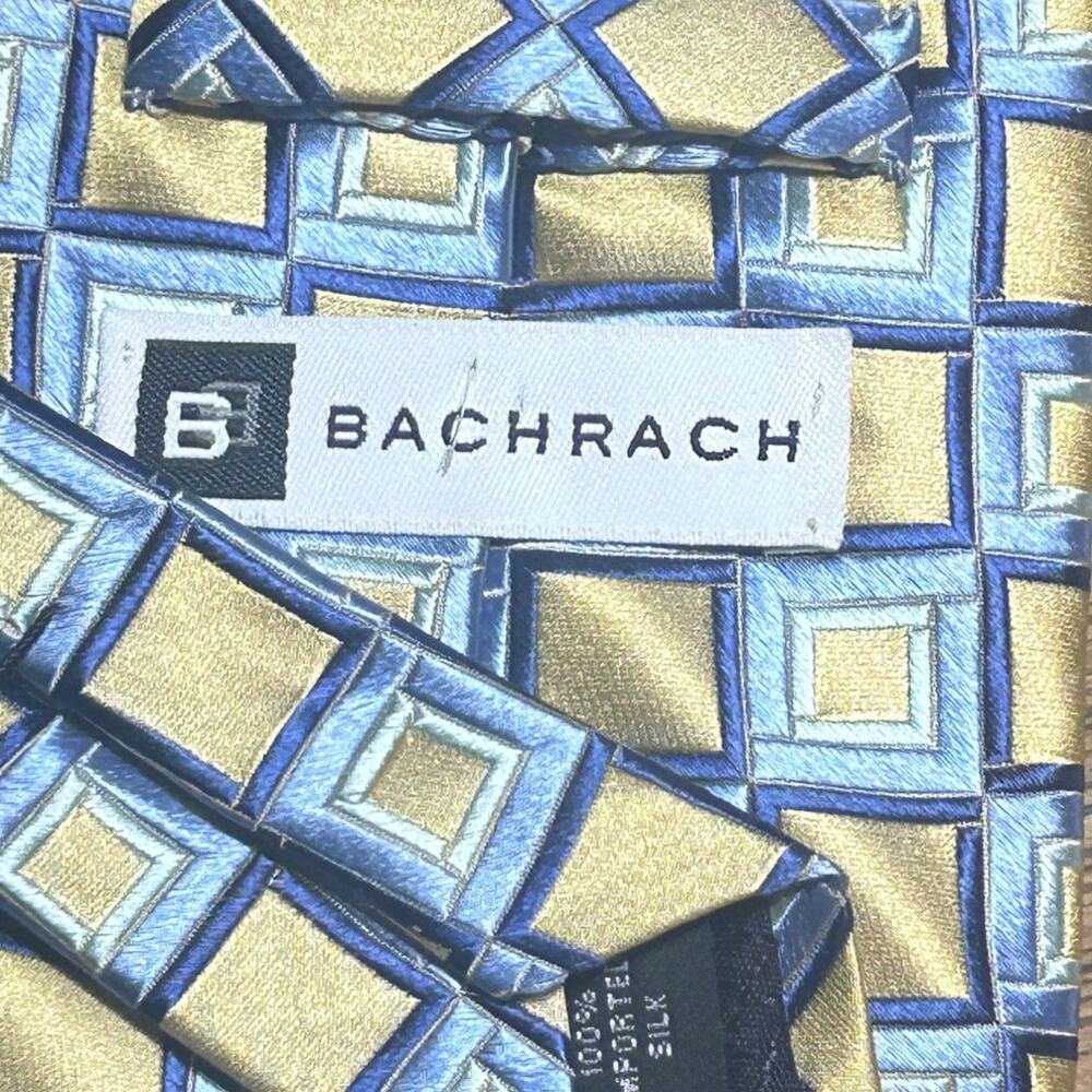 Bachrach 100% silk necktie vibrant yellow and blue geometric square pattern